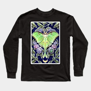 Luna Moth and Flower - White Outlined Version Long Sleeve T-Shirt